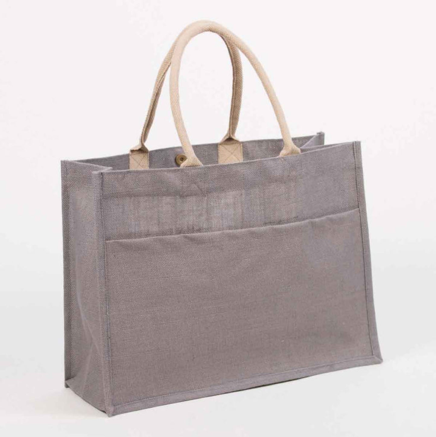 Gray eco-friendly jute pocket tote, personalized summer bag by Elizabeth James Co.