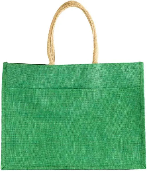 Kelly green jute tote with pocket, perfect for beach days and gifts by Elizabeth James Co.
