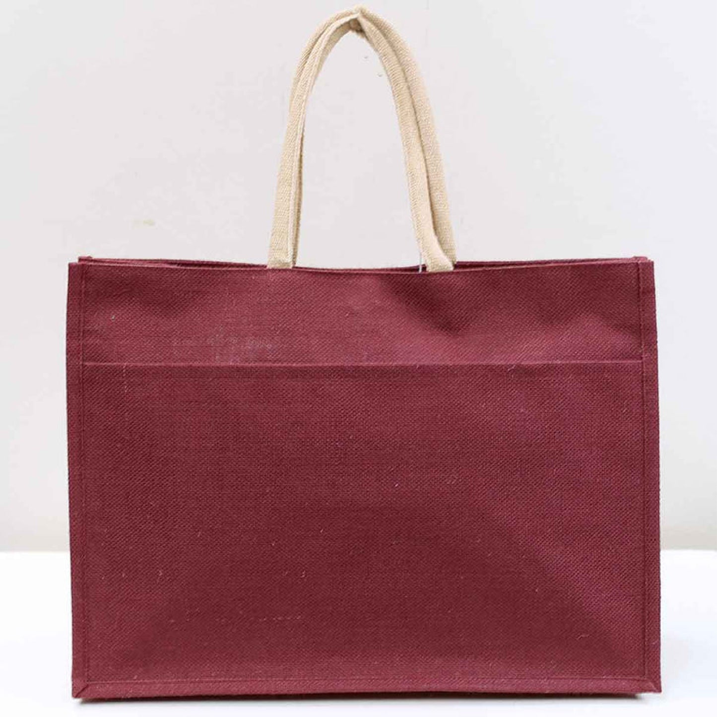 Eco-friendly maroon jute tote bag with pocket, personalized by Elizabeth James Co.